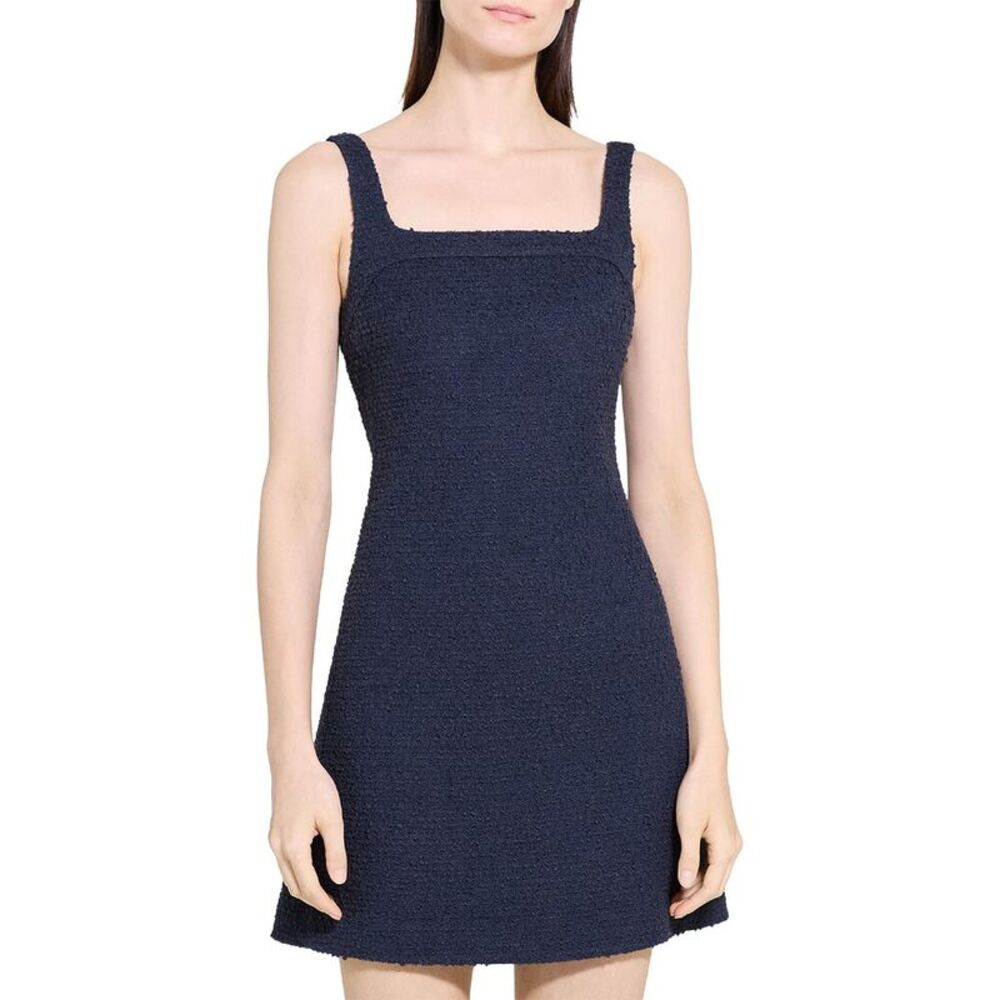 Theory Womens  Square Neck Yoke Linen-Blend Dress, Blue